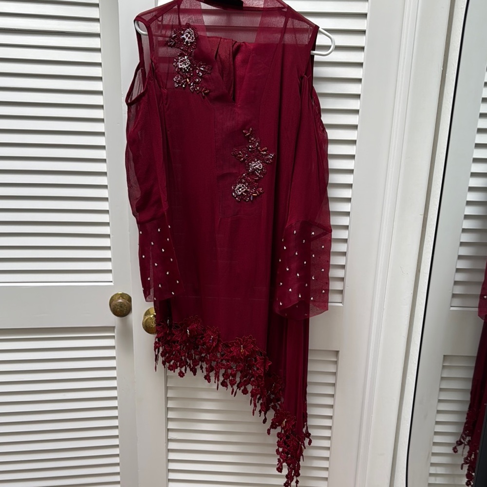 Elegant Burgundy Embellished Dress